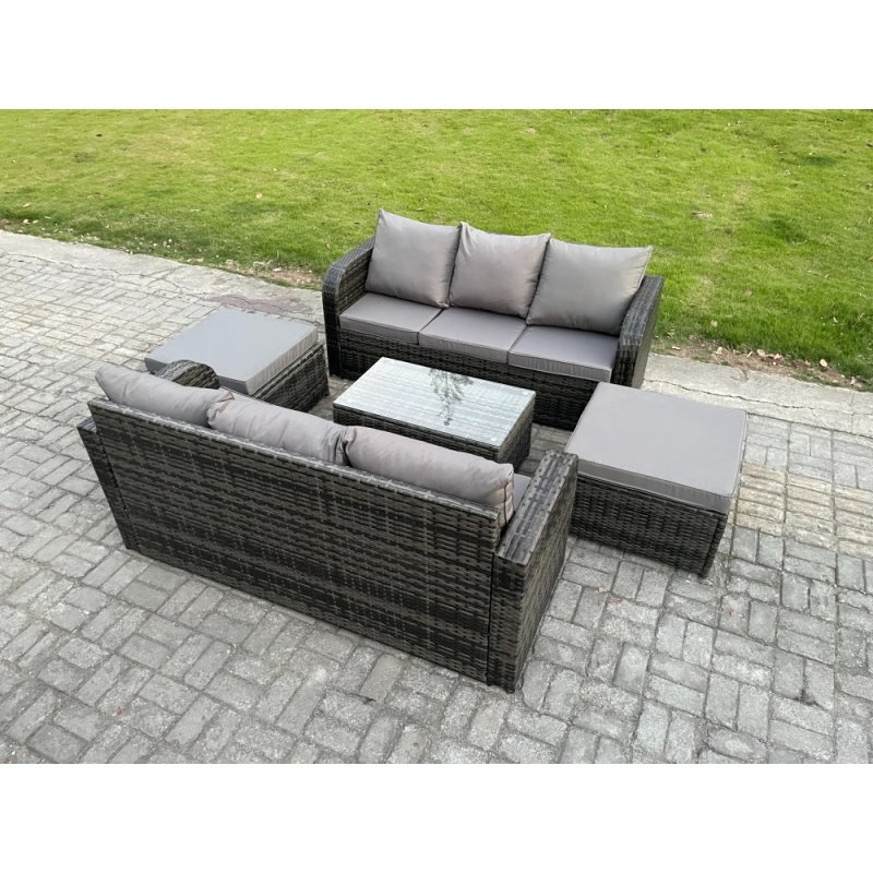 Fimous Outdoor Garden Furniture Sets 8 Seater Wicker Rattan Furniture Sofa Sets with Rectangular Coffee Table 3 Seater Sofa 2 Big Footstool Dark Grey Mixed