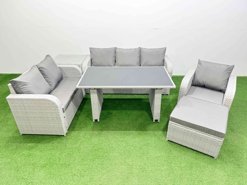 Fimous Rattan Outdoor Table Reclining Chair Sofa Set with Side Table Big Stool Light Grey 7 Seater