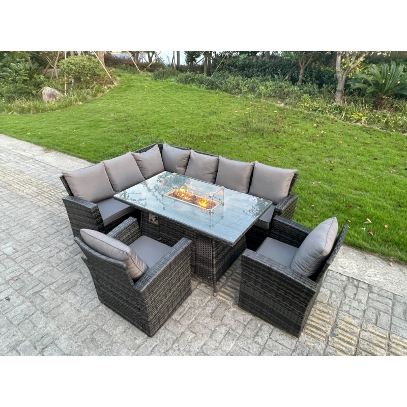 Fimous Outdoor Rattan Corner Sofa Garden Furniture High Back Sofa Set Gas Fire Pit Dining Table Gas Heater Burner 2 Arm Chair 8 Seater