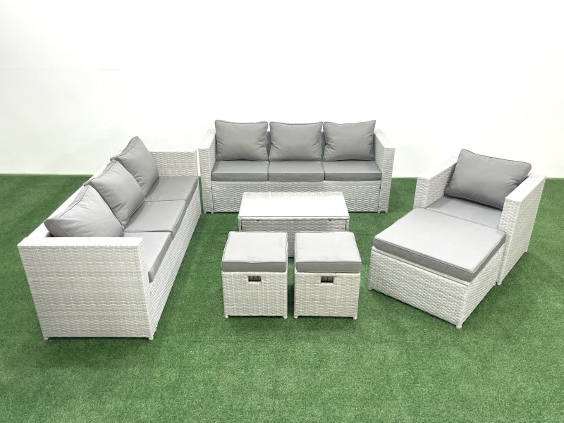 Fimous Wicker PE Rattan Sofa Garden Furniture Set with Armchair Oblong Coffee Table 3 Footstools Light Grey Mixed
