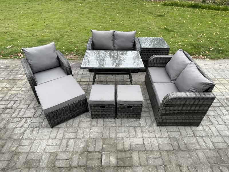 Fimous 8 Seater Outdoor Garden Dining Sets Rattan Furniture With Dining Table Armchairs Love Sofa 3 Footstools Side Table Dark Grey Mixed