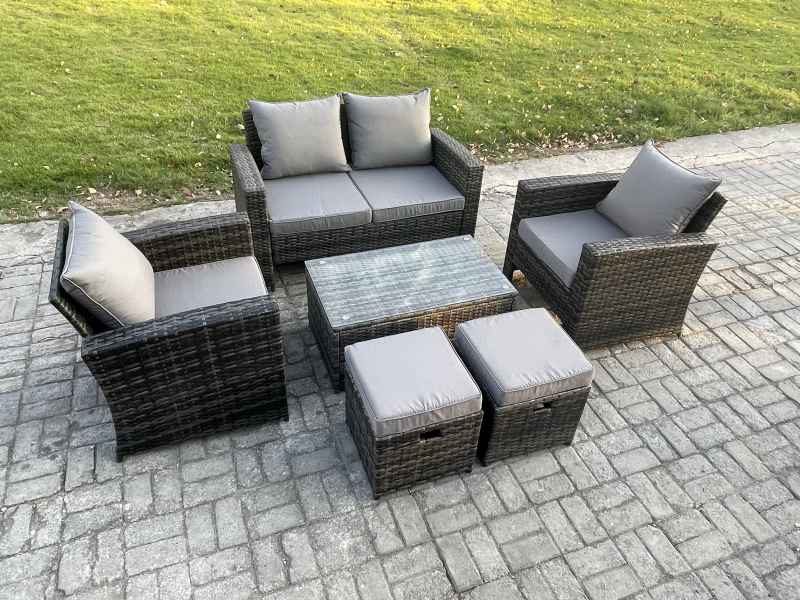 Fimous 6 Seater Outdoor Lounge Sofa Set Wicker PE Rattan Garden Furniture Set with Rectangular Coffee Table Double Seat Sofa 2 Small Footstools Dark Grey Mixed