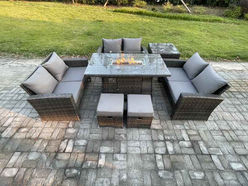 Fimous High Back Rattan Garden Furniture Sofa Sets with Outdoor Furniture Gas Firepit Dining Table Set Side Table 2 Small Footstools Dark Grey Mixed