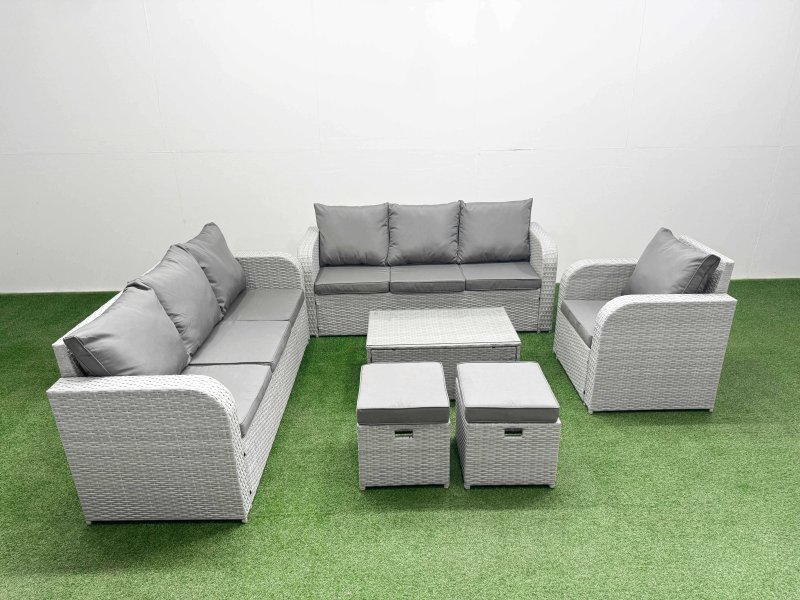 Fimous 9 Seater Poly Rattan Outdoor Garden Furniture Sofa Set Patio 3 Seater Sofa Reclining Chair 3 Seater Sofa Stools Light Grey