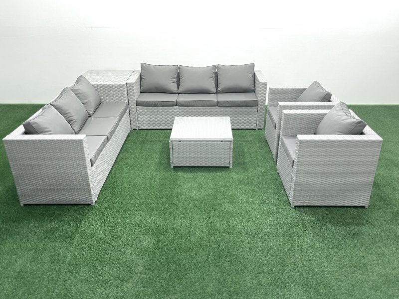 Fimous Outdoor Rattan Sofa Garden Furniture Set with 2 Armchairs Square Coffee Table Side Table Light Grey Mixed