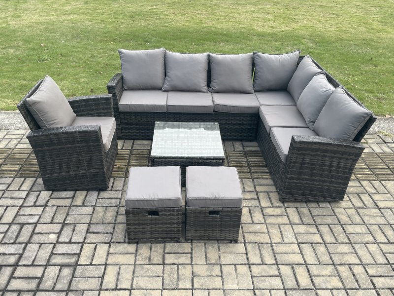 Fimous 9 Seater Wicker PE Outdoor Garden Furniture Set High Back Rattan Corner Sofa Chair Set with 2 Small Footstools Square Coffee Table