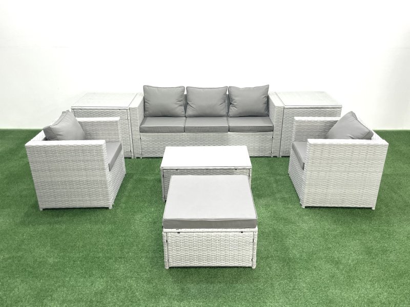 Fimous Rattan Garden Furniture Set with 3 Seater Sofa 2 Chair Rectangular Coffee Table Big Footstool 2 Side Tables Light Grey Mixed 6 Seater