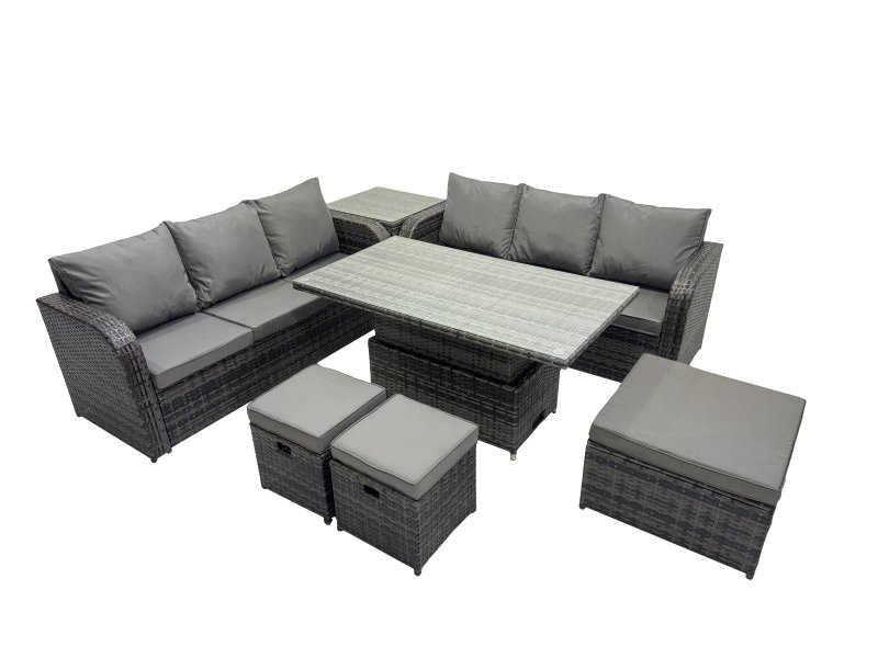 Fimous Rattan Garden Furniture Dining Set 9-seater Patio Height Adjustable Rising Lifting Table Sofa Set with Side Table 3 Footstools Dark Grey Mixed