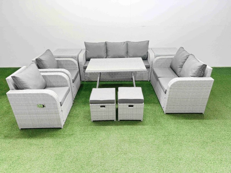 Fimous PE Rattan Garden Furniture Set Outdoor Rectangular Dining Table Sofa Set with Reclining Chair 2 Small Stool 2 Side Tables Light Grey