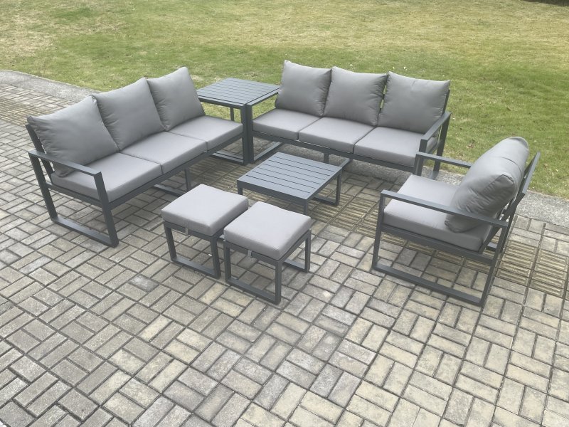 Fimous Aluminium 9 Seater Outdoor Garden Furniture Lounge Sofa Set with Square Coffee Table Chair 2 Small Footstools Side Table Dark Grey