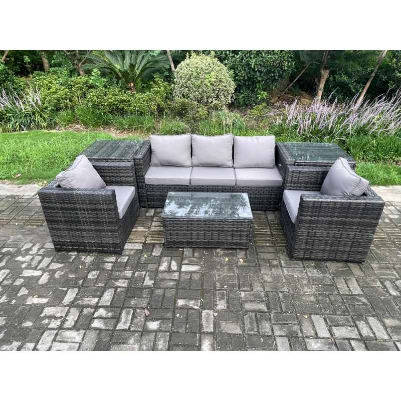 Fimous Rattan Garden Furniture Set with 3 Seater Sofa Coffee Table 2 Side Tables 2 Armchairs Indoor Outdoor Patio Lounge Sofa Set Dark Grey Mixed