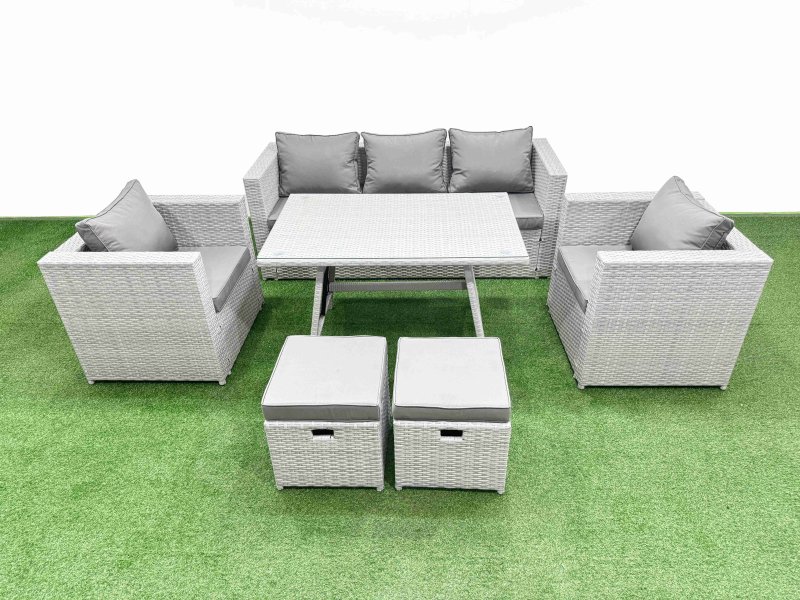 Fimous 7 Pieces Outdoor PE Rattan Sofa Armchair Set Patio Garden Furniture Sets with Cushions 2 Small Stools Light Grey