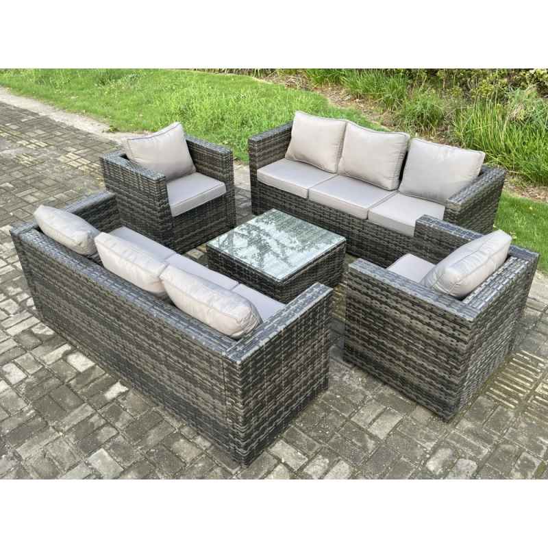 Fimous Rattan Garden Furniture Set 8 Seater Patio Outdoor Lounge Sofa Set with 2 Armchairs Square Coffee Table Dark Grey Mixed