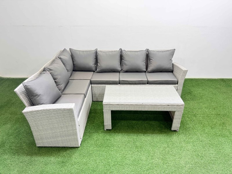 Fimous Rattan Garden Furniture Set Outdoor 6 Seater Corner Sofa Sets with Oblong Coffee Table Light Grey Mixed