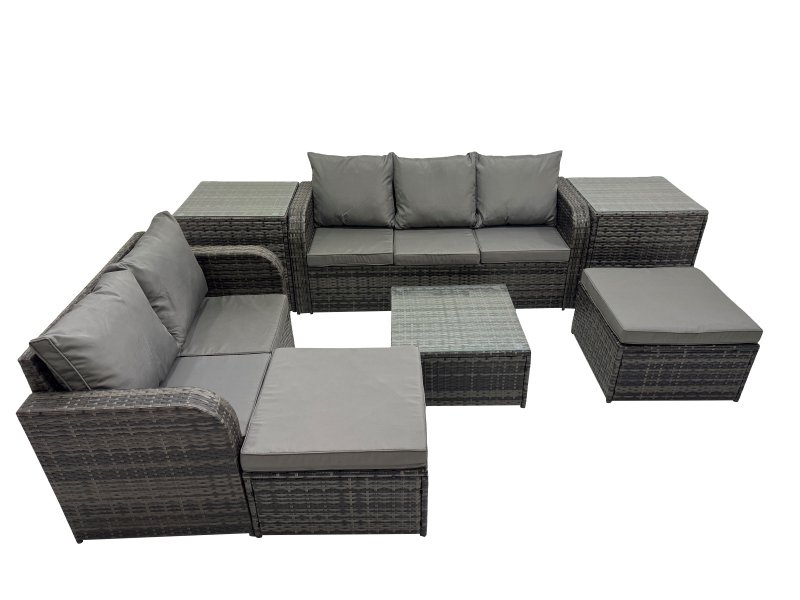 Fimous Wicker PE Rattan Garden Outdoor Furniture Set Love Sofa Square Coffee Table Set with 2 Big Stools 2 Side Tables Dark Grey Mixed