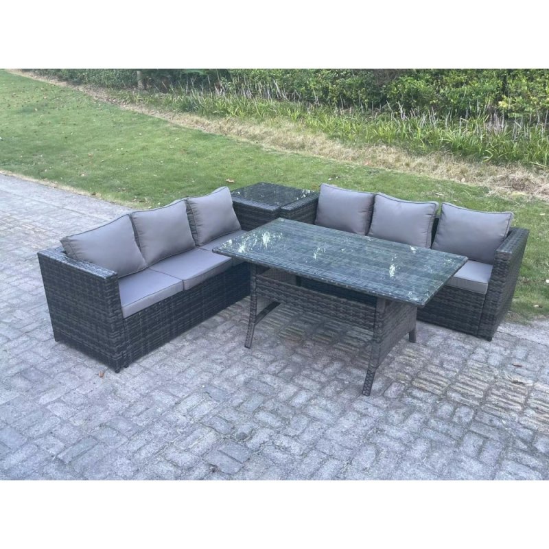 Fimous PE Wicker Outdoor Garden Furniture Set Patio Rattan Rectangular Dining Table Lounge Sofa with Side Table 6 Seater Dark Grey Mixed