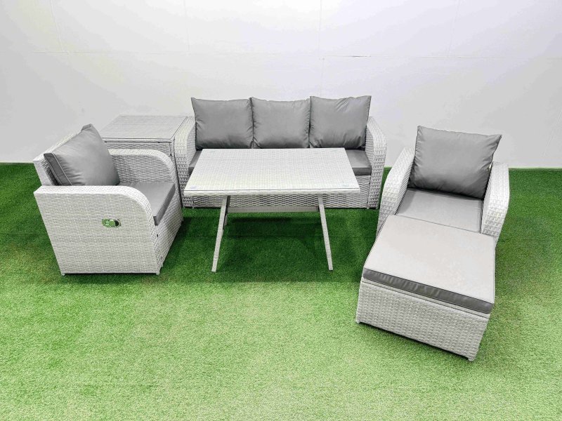 Fimous Reclining Chair 3 Seat Sofa Set Garden Furniture Set with Rectangular Dining Table Side Table Big Footstool Light Grey