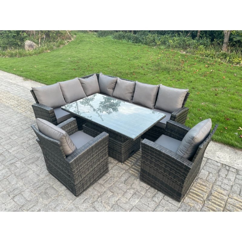 Fimous High Back PE Rattan Corner Sofa Set Garden Furniture Adjustable Rising Lifting Table Set With 2 Armchair