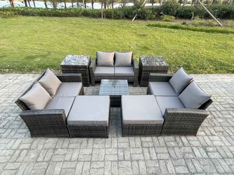 Fimous Outdoor Lounge Sofa Set Wicker PE Rattan Garden Furniture Set with Square Coffee Table Double Seat Sofa 2 Big Footstool 2 Side Tables Dark Grey Mixed