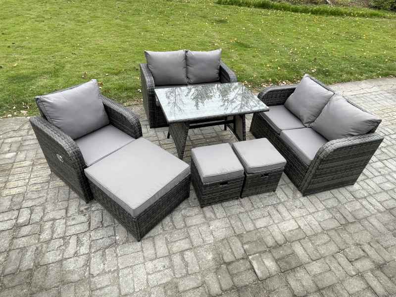Fimous 8 Seater Outdoor Garden Dining Sets Rattan Furniture With Dining Table Armchairs Love Sofa 3 Footstools Dark Grey Mixed