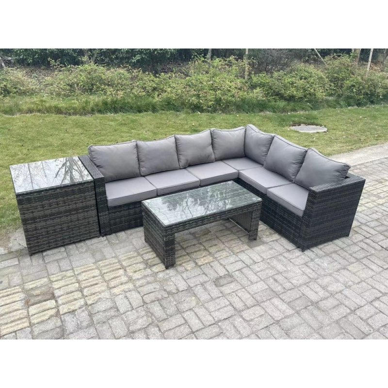 Fimous 6 Seater Rattan Corner Sofa Lounge Sofa Set With Rectangular Coffee Table Side Table Dark Grey Mixed Right Hand