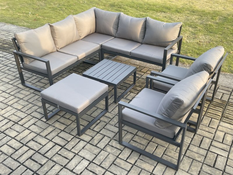 Fimous Outdoor Garden Furniture Set Aluminium Lounge Sofa Square Coffee Table Sets with 2 Pcs Chair Big Footstool Indoor Conservatory Set Dark Grey