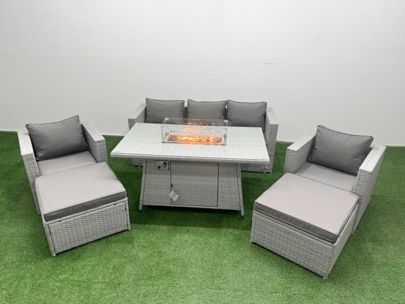 Fimous 7 Seat PE Rattan Lounge Sofa Set Outdoor Garden Furniture Set with Firepit Dining Table 3 Seater Sofa 2 Big Footstools Light Grey