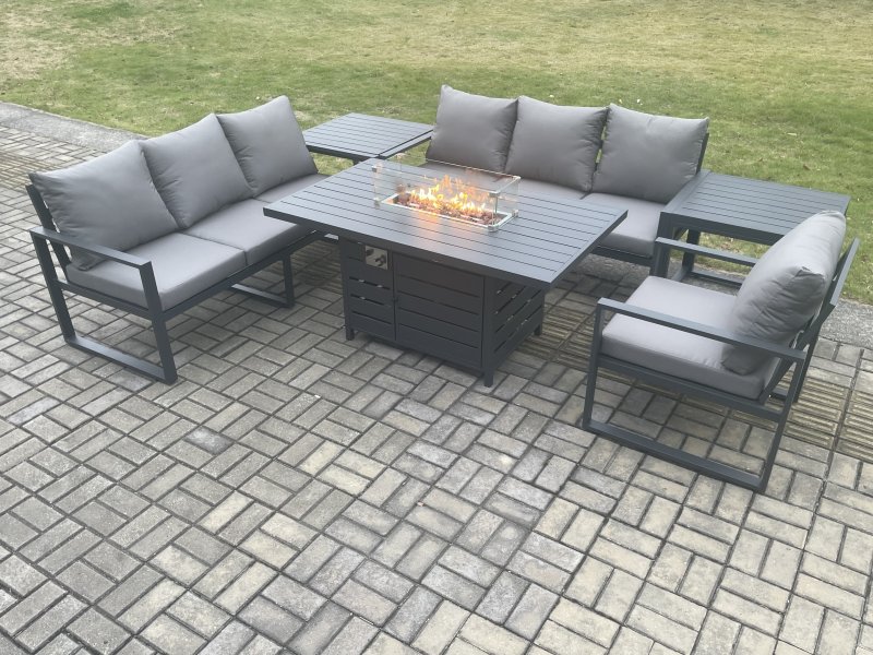 Fimous Aluminium Outdoor Lounge Sofa Garden Furniture Sets Gas Fire Pit Dining Table Set with 2 Side Tables Dark Grey
