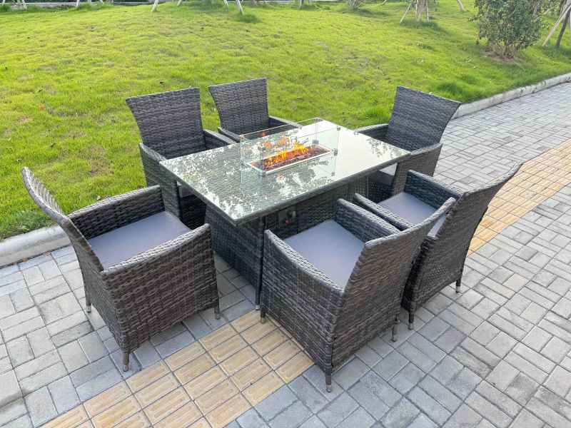Fimous Rattan Garden Furniture Dining Set 6-seater Patio Rectangular Gas Firepit Table Chairs Outdoor Dark Grey Mixed