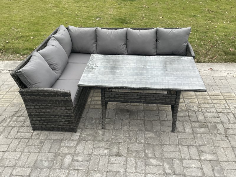 Fimous Outdoor Rattan Garden Furniture Corner Sofa Set with Rectangular Dining Table Patio Wicker Rattan Set Dark Grey Mixed