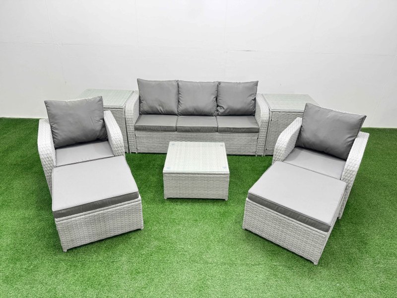 Fimous PE Rattan Garden Furniture Set Reclining Chair Sofa Lounge Sofa Set Square Coffee Table 2 Side Table 2 Big Footstool Light Grey