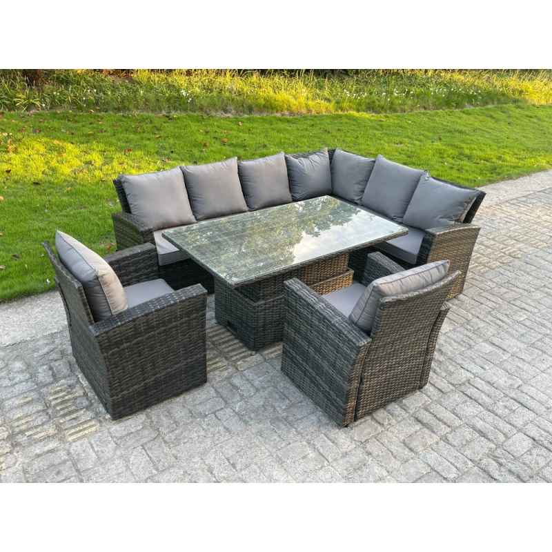 Fimous High Back PE Rattan Corner Sofa Set Garden Furniture Adjustable Rising Lifting Table Set With 2 Chair
