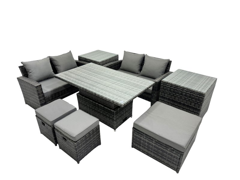 Fimous Outdoor Love Sofa Set 7 Seat Rattan Garden Furniture Set with Adjustable Lifting Dining or Coffee Table Dark Grey Mixed