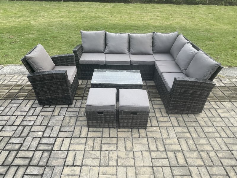 Fimous Wicker PE Outdoor Garden Furniture Set High Back Rattan Corner Sofa Set with Arm Chair Rectangular Coffee Table 2 Small Footstools
