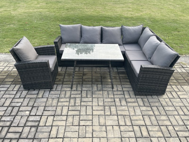 Fimous Outdoor Furniture Garden Dining Set Rattan Corner Sofa Chair Set Rectangular Dining Table with Temper Glass Dark Grey Mixed