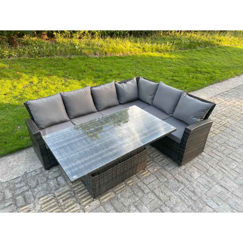 Fimous PE Rattan Corner Garden Furniture High Back Sofa Set Adjustable Rising Lifting Table Set 6 Seater