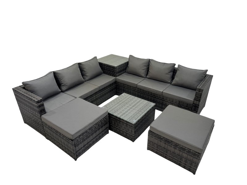 Fimous 8 Seater Garden Outdoor Rattan Furniture Set Patio Corner Sofa Coffee Table with 2 Big Stools Dark Grey