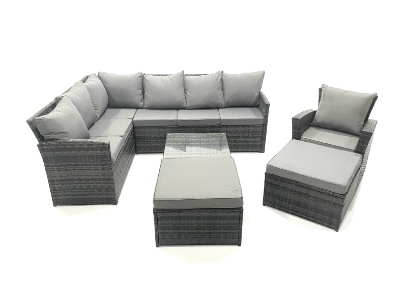 Fimous 9 Seater Outdoor Garden Furniture Set Wicker PE Rattan Corner Sofa Set with Square Coffee Table 2 Big Footstool Dark Grey Mixed