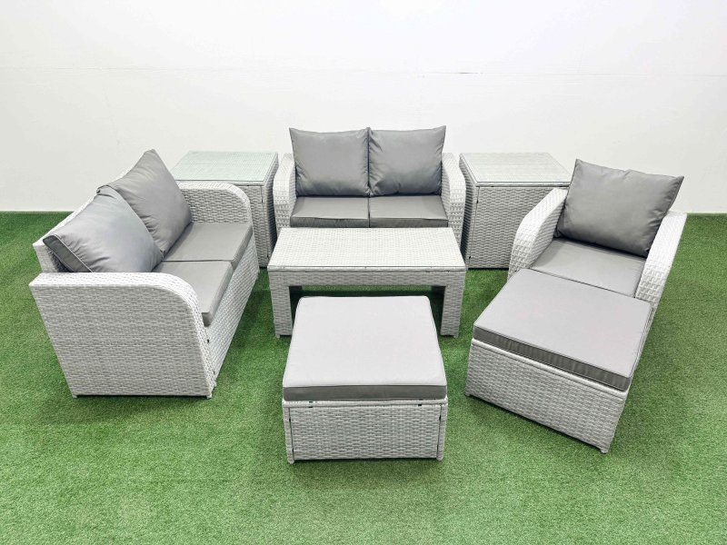 Fimous High Back Poly Rattan Garden Furniture Set with Reclining Chair Loveseat Sofa Oblong Coffee Table Indoor Outdoor Patio Set 2 Big Stool 2 Side Table Light Grey