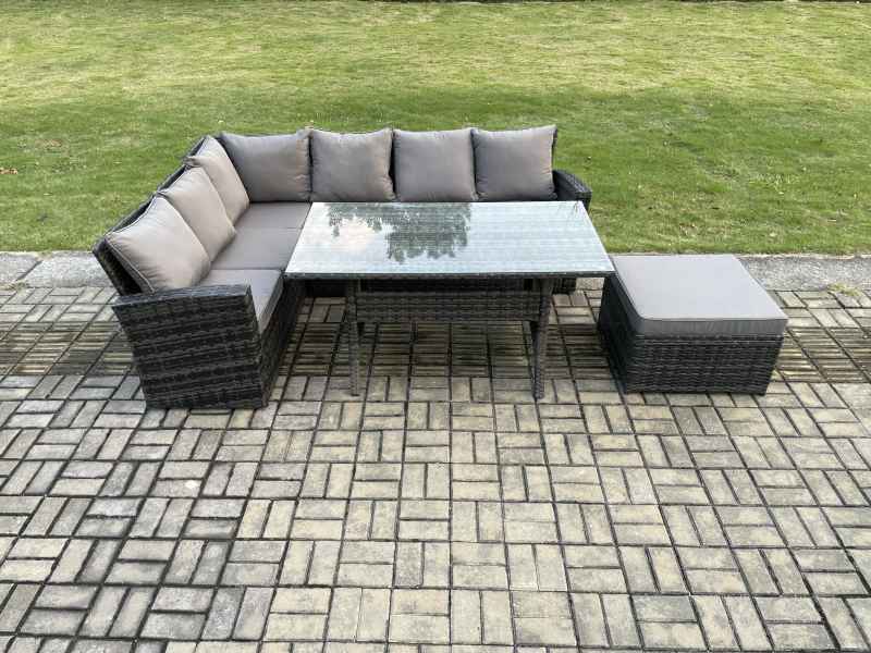 Fimous 7 Seater Garden Rattan Furniture Corner Dining Set with Big Footstool Indoor Outdoor Lounge Sofa Set Dark Grey Mixed