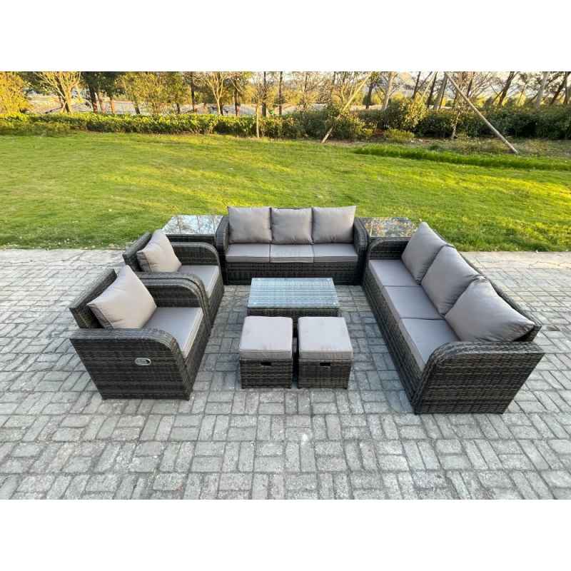 Fimous Rattan Outdoor Garden Furniture Sofa Set Patio Table & Chairs Set with 3 Seater Sofa Reclining Chair 2 Small Footstools 3 Seater Sofa 2 Side Tables Dark Grey Mixed