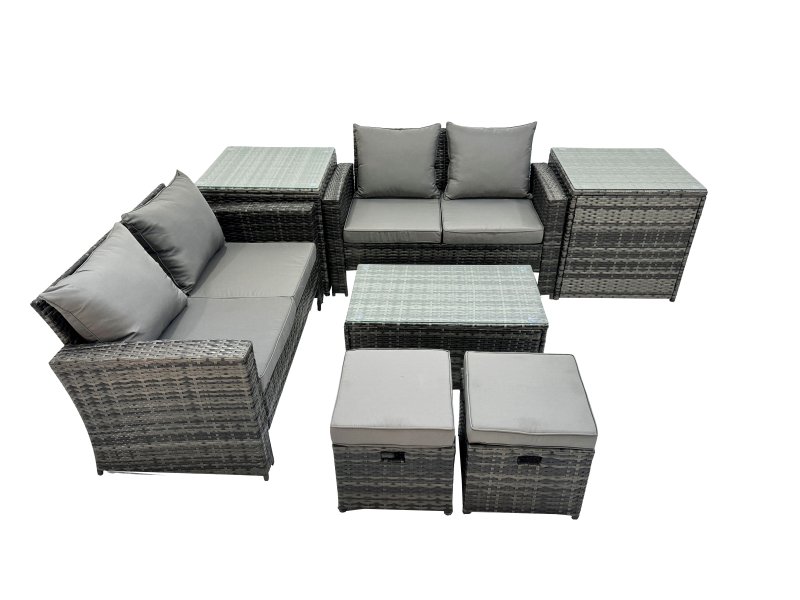 Fimous PE Rattan Garden Furniture Set Lounge Double Seat Sofa Coffee Table Set with 2 Small Stools Dark Grey MixedMixed