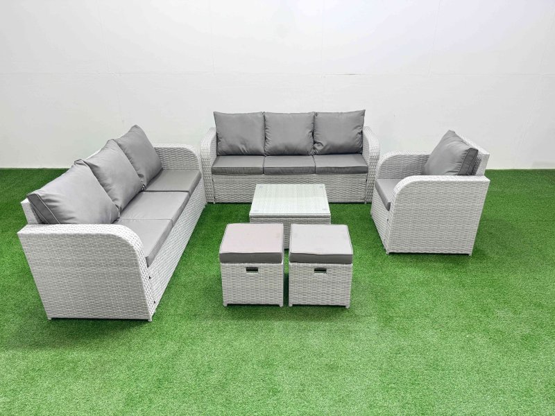 Fimous 9 Seater Poly Rattan Outdoor Garden Furniture Square Coffee Table Sofa Set Patio 3 Seater Sofa Reclining Chair 3 Seater Sofa Stools Light Grey