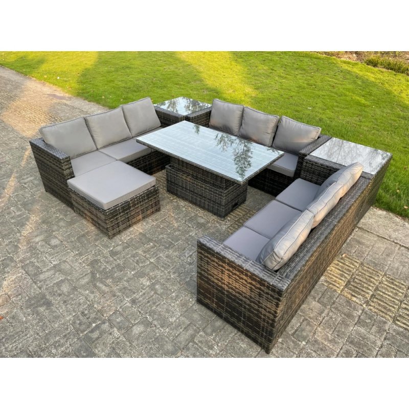 Fimous U Shape Rattan Gardern Furniture Dining Sofa Set Adjustable Rising Dining Table With 2 Side Coffee Table Extra Big Footstool