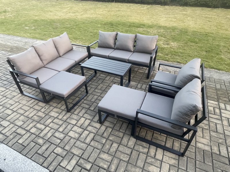 Fimous Aluminium Outdoor Garden Furniture Lounge Sofa 2 PC Chairs Oblong Coffee Table Sets with 2 Big Footstools Dark Grey