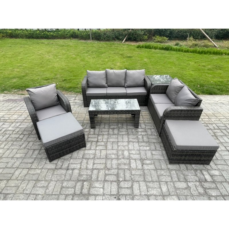 Fimous High Back Rattan Garden Furniture Set with Loveseat Sofa Rectangular Coffee Table Side Table 2 Big Footstool Indoor Outdoor Patio Lounge Sofa Set Dark Grey Mixed