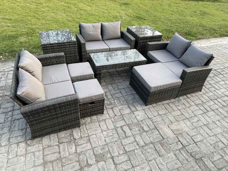 Fimous Outdoor U Shape Sofa Set Wicker PE Rattan Garden Furniture Set with Coffee Table Double Seat Sofa 3 Footstools 2 Side Tables Dark Grey Mixed