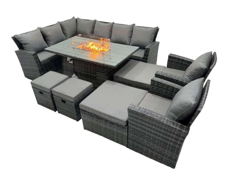 Fimous Poly Rattan Outdoor Patio Gas Firpit Dining Table Corner Sofa Set with 4 Stools 2 Chairs for Garden Backyard Dark Grey Mixed