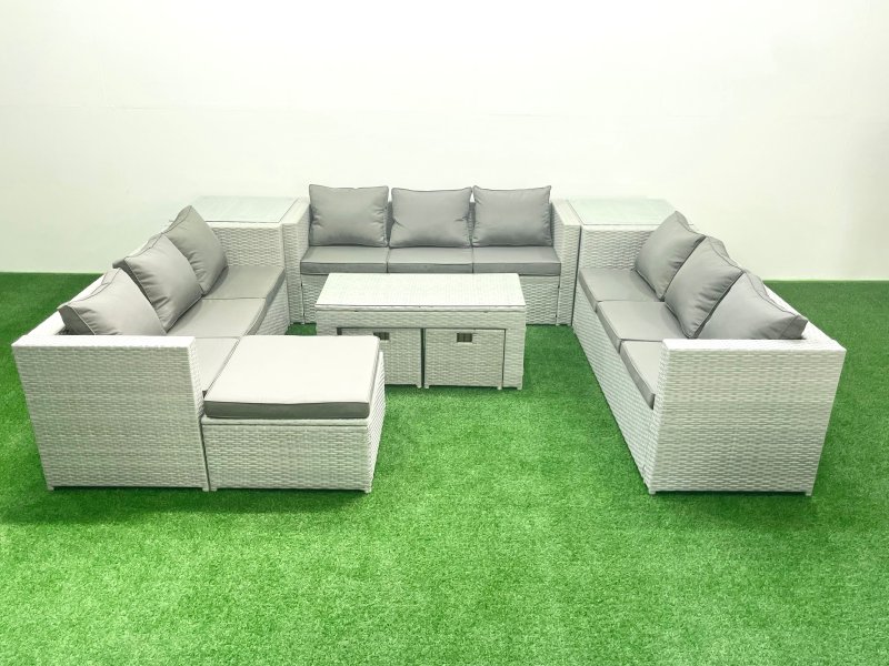 Fimous Rattan Garden Outdoor Furniture Set 12 Seater Garden Sofa Oblong Coffee Table Set with 3 Footstools 2 Side Tables Light Grey Mixed