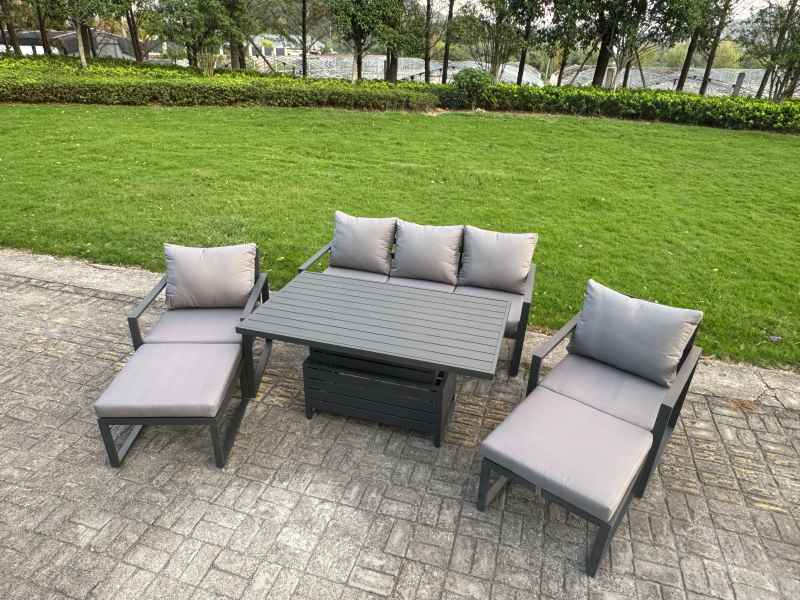 Fimous 8-Piece Aluminium Garden Furniture Sets 7 Seater Outdoor Sofa Set with Adjustable Rising Lifting Dining Table 2 Chairs 2 Small Footstools 2 Side Tables